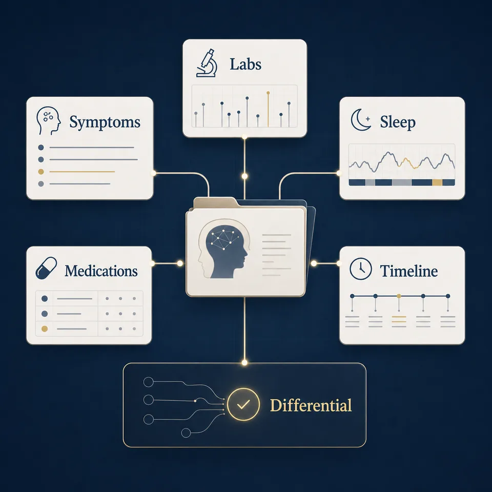Scientific diagram showing symptoms, labs, sleep, medications, and timeline feeding into a differential.