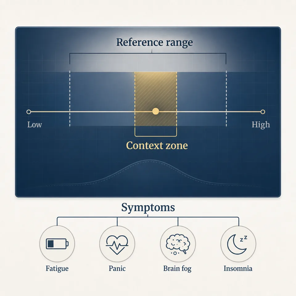 Reference range diagram showing a highlighted context zone inside the normal range when symptoms are present.