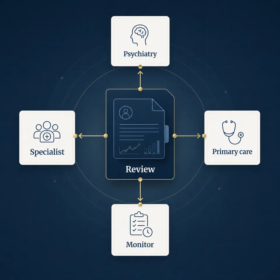 Clinical routing map showing a review leading to psychiatry, primary care, specialist review, or monitoring.